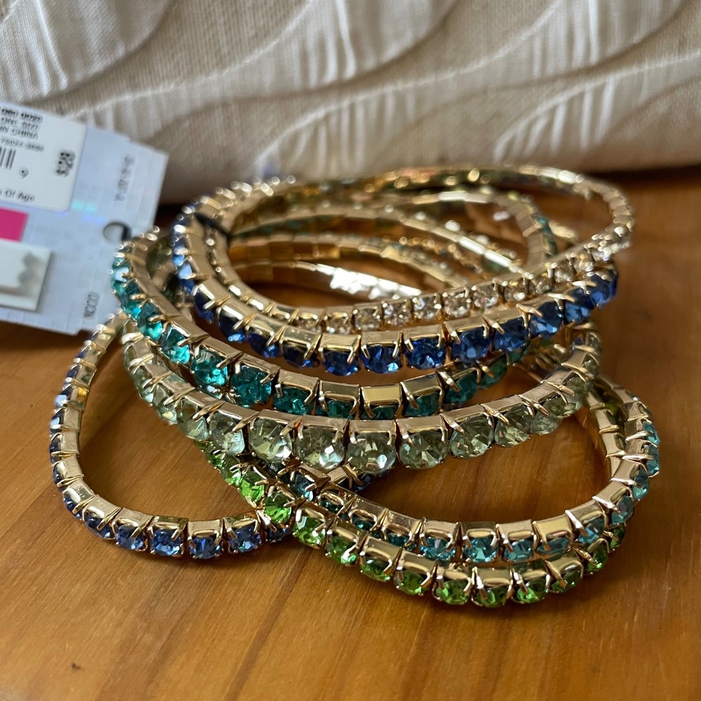 Bijoux Bar Womens Gold Tone Rhinestone Stretch Bracelet Set Prom Blue Green NWT